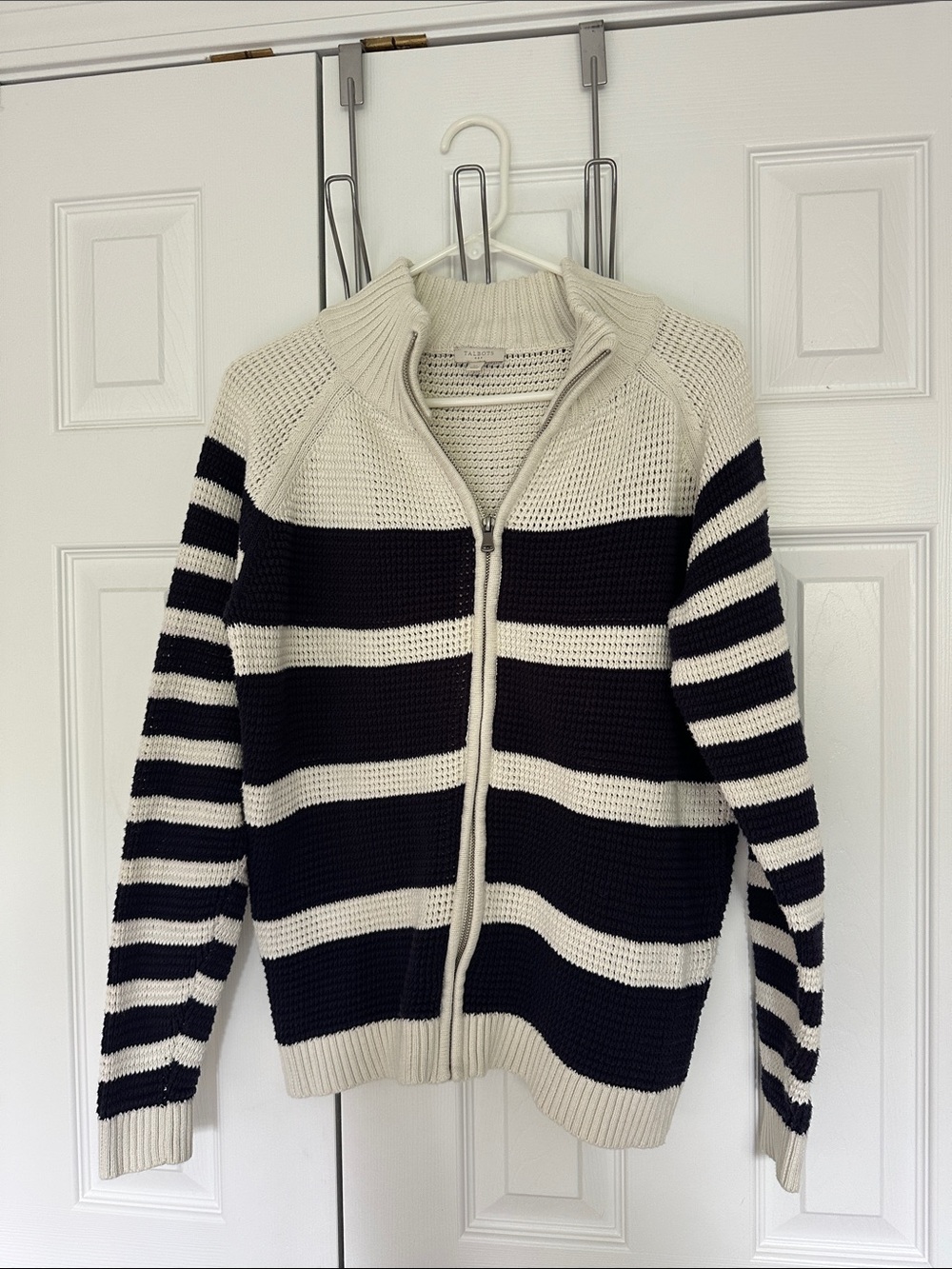 Talbots Striped Full Zip Cardigan Sweater Jacket Navy White Waffle‎ Knit M